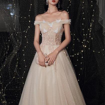 Champagne Tulle Off Shoulder Party Dress With Lace..