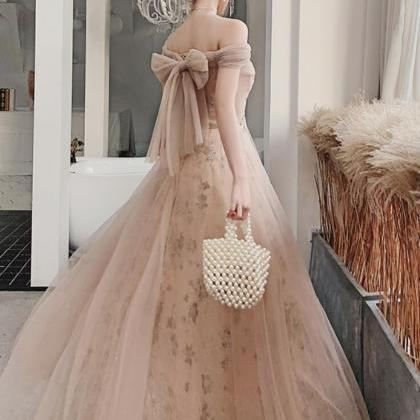 Champagne Off Shoulder Tulle With Lace Long..