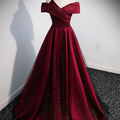 Beautiful Dark Red Satin Shiny Tulle Long Prom..