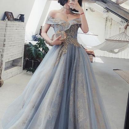 Off Shoulder Long Sweetheart Lace Applique Prom..