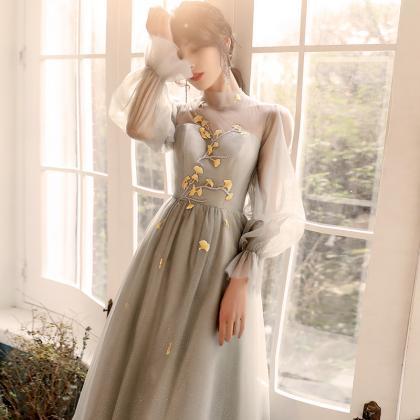 Beautiful Light Grey Long Sleeves Party Dress Prom..