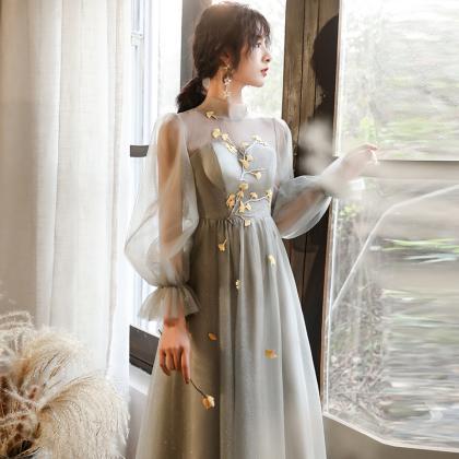 Beautiful Light Grey Long Sleeves Party Dress Prom..