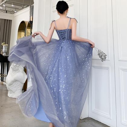 Beautiful Blue Straps Tulle A-line Long Formal..