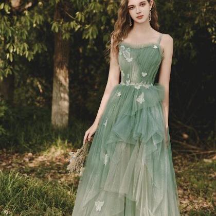 Green Gradient Tulle With Straps Long Prom Dress,..