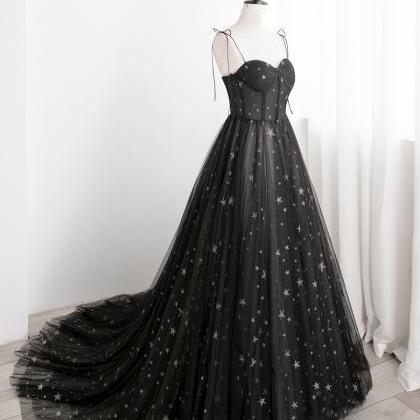 Black Sweethart Tulle Straps A-line Long Evening..