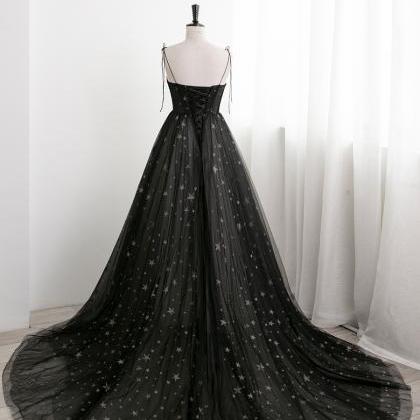 Black Sweethart Tulle Straps A-line Long Evening..