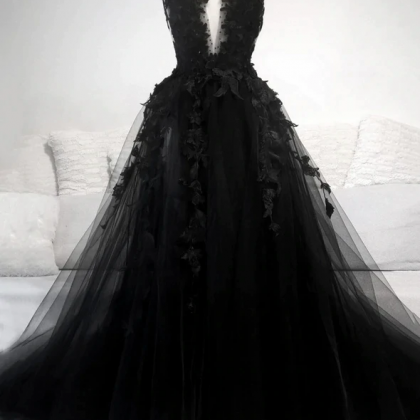 Black Tulle Long With Lace Formal Gown Party..