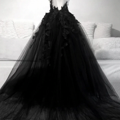 Black Tulle Long With Lace Formal Gown Party..