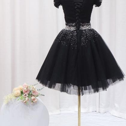 Cute Black Short Tulle Homecoming Dress Party..