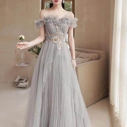 Lovely Grey Off Shoulder Tulle Prom Dress With..