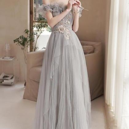 Lovely Grey Off Shoulder Tulle Prom Dress With..