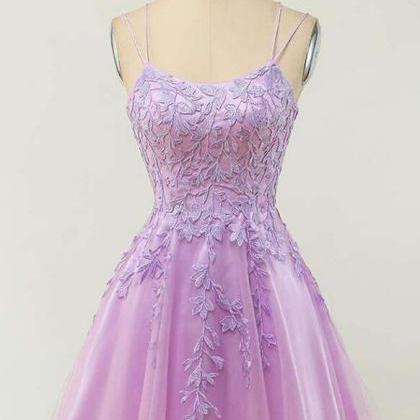 Cute Purple Lace And Tulle Short Straps Homecoming..