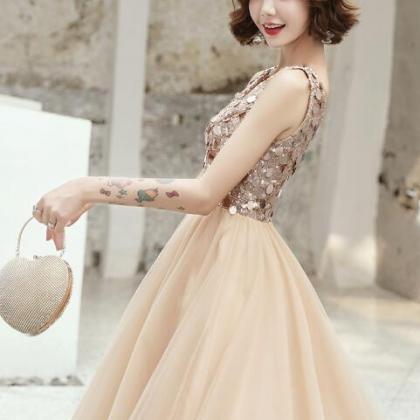 Cute Champagne Sequins Tulle Short Prom Dresses,..