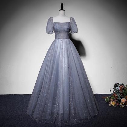 Beautiful Grey Short Sleeves Tulle Long Party..