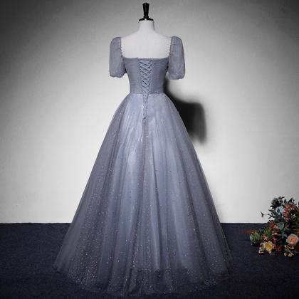 Beautiful Grey Short Sleeves Tulle Long Party..