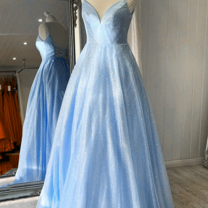 Light Blue Shiny Tulle Simple Long Formal Gown,..