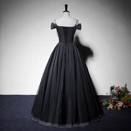 Beautiful Black Tulle Straps Sweetheart Long Party..
