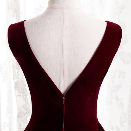 Burgundy Velvet V-neckline Long Party Dress,..