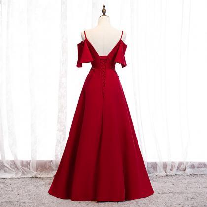 Dark Red Long Straps Party Dress, Wine Red..