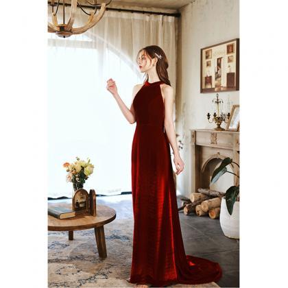 Wine Red Velvet Long Simple Party Dress With..