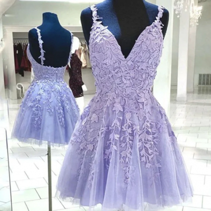 Short V Neck Purple Lace Prom Dresses, Short..