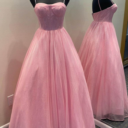 Pink Tulle Shiny Straps Long Party Dress Prom..