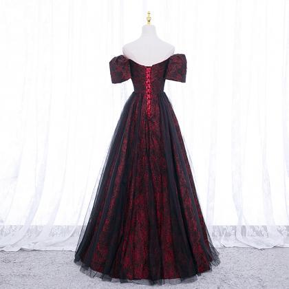 Black And Red Short Sleeves Lace Party Dress,..