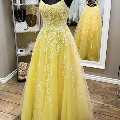 Yellow Tulle Long Formal Dress With Lace, Yellow..