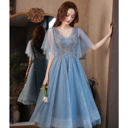 Sliver Blue Tulle Beaded Lace Short Party Dress,..