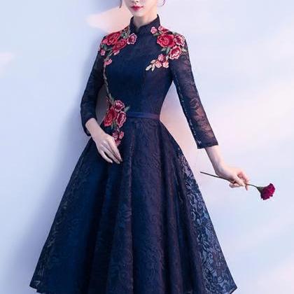 Navy Blue Lace Tea Length Party Dress With..