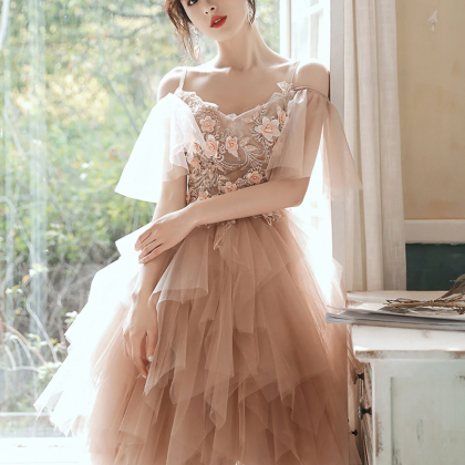 Champagne Tulle Knee Length Party Dress, Champagne..