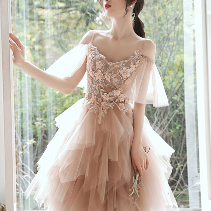 Champagne Tulle Knee Length Party Dress, Champagne..