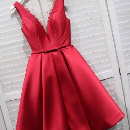 V-neckline Red Knee Length Homecoming Dress, Red..