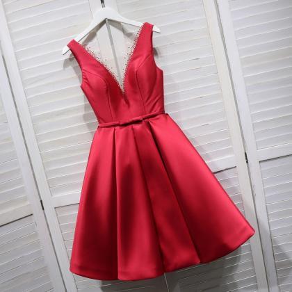 V-neckline Red Knee Length Homecoming Dress, Red..
