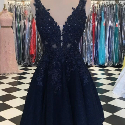 Navy Blue Tulle With Lace Short Prom Dress, Blue..