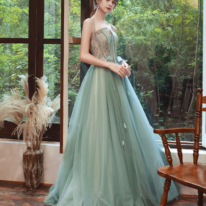 Light Blue Lace And Tulle Long Prom Dress, A-line..