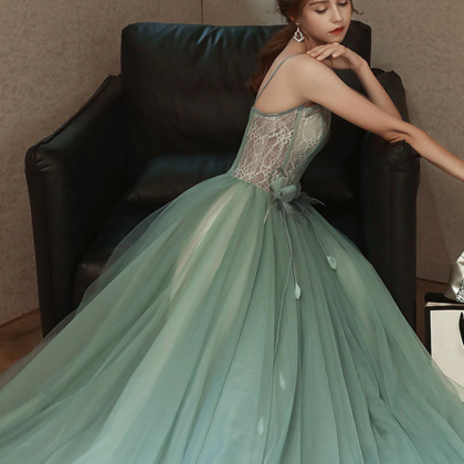 Light Blue Lace And Tulle Long Prom Dress, A-line..