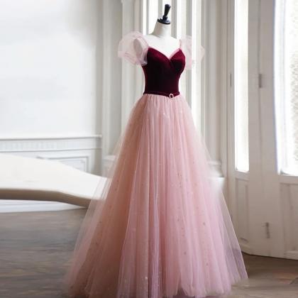 Pink Tulle And Velvet Short Sleeves Party Dress,..