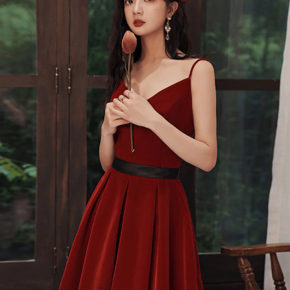 Wine Red Velvet Short Prom Dress Homecoming Dress,..