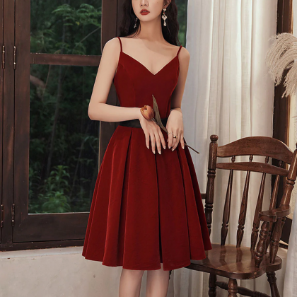 Wine Red Velvet Short Prom Dress Homecoming Dress,..