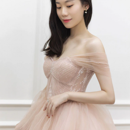 Pink Off Shoulder Tulle Long Party Dress Prom..