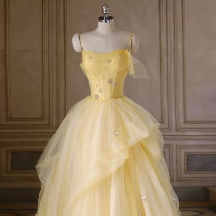 Beautiful Light Yellow Tulle Long Party Dress,..