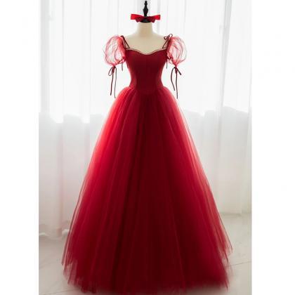 Red Tulle Beaded Long Sweetheart Prom Dress, Wine..