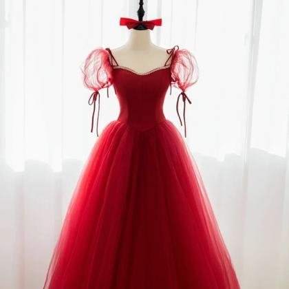 Red Tulle Beaded Long Sweetheart Prom Dress, Wine..