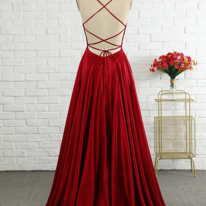 Wine Red V-neck Spaghetti-straps Satin Long Prom..