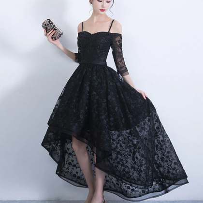 Black Lace High Low Party Dress, Black Homecoming..