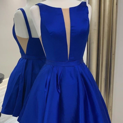 Blue Satin Short Homecoming Dress, Royal Blue..