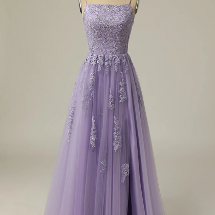 Light Purple Tulle Straps Long Party Dress With..