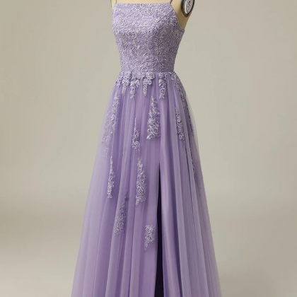 Light Purple Tulle Straps Long Party Dress With..