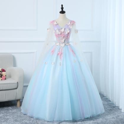 Light Blue Tulle Flowers And Lace Long Sweet 16..